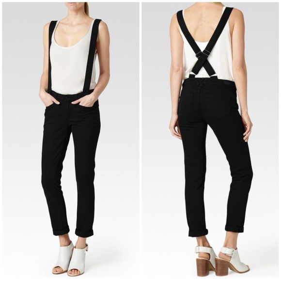 Paige Phillipa Suspender Jeans Anthropologie Black Boyfriend 24 Overalls Denim - Picture 2 of 9